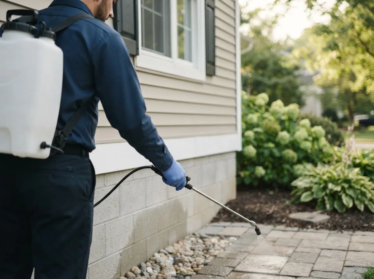 Pest control technician inspecting a home in Ellisburg, NY